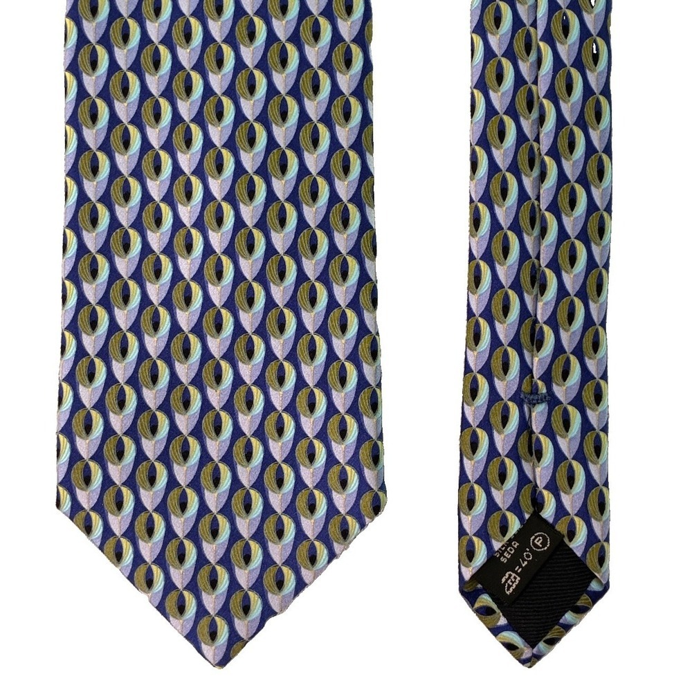 Ermenegildo Zegna Men's Blue Geometric Peacock Eye Silk Tie Necktie Italy - Picture 1 of 7